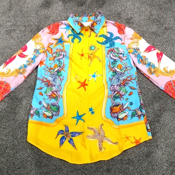 Ladies Long Sleeve Colorful Button Down Shirt - Picture 2 of 3